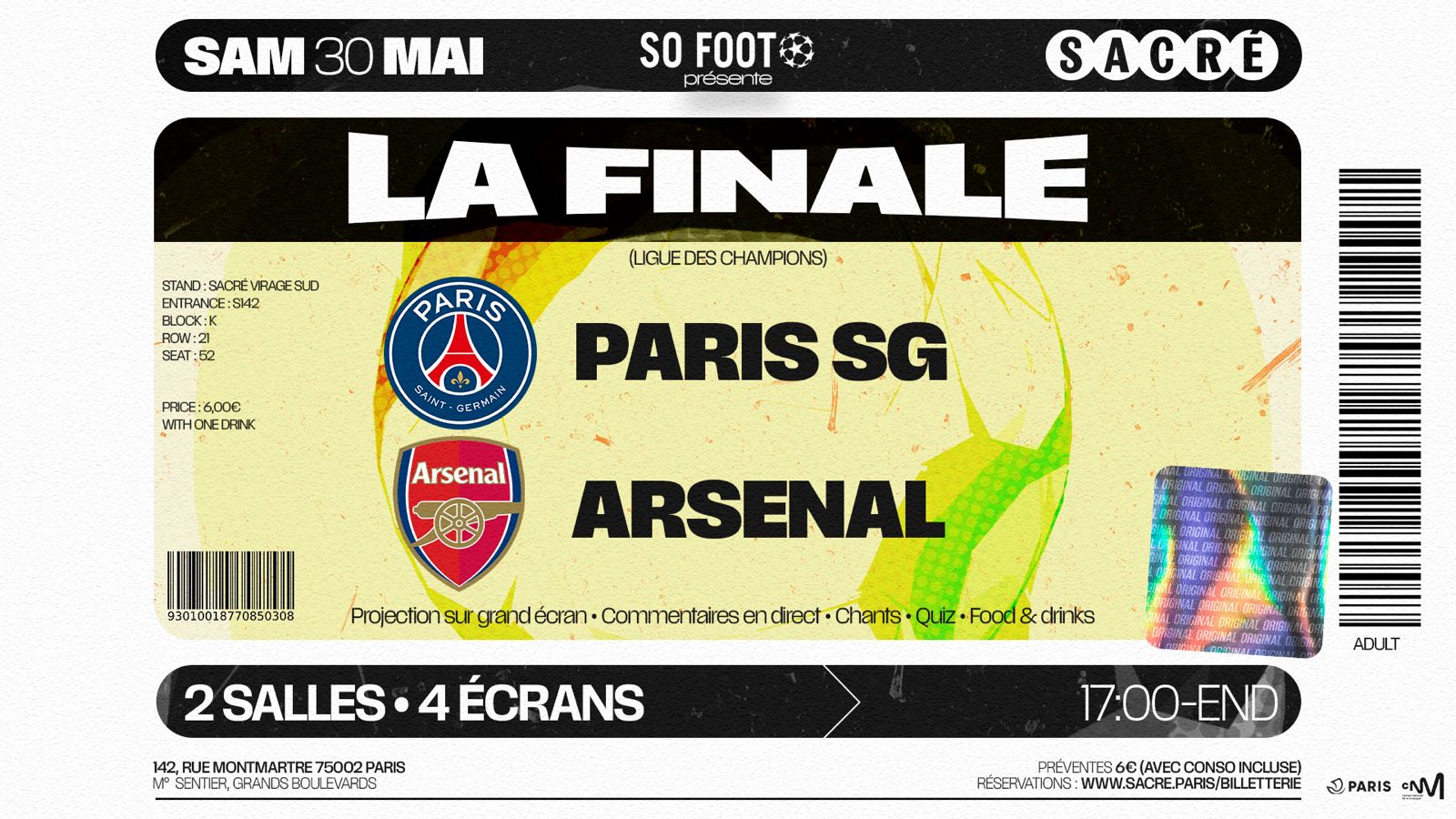 Événement : triple soirée de projection So Foot au Mazette, au Sacré et d'autres lieux pour la finale de C1 Paris SG - Arsenal le samedi 30 mai