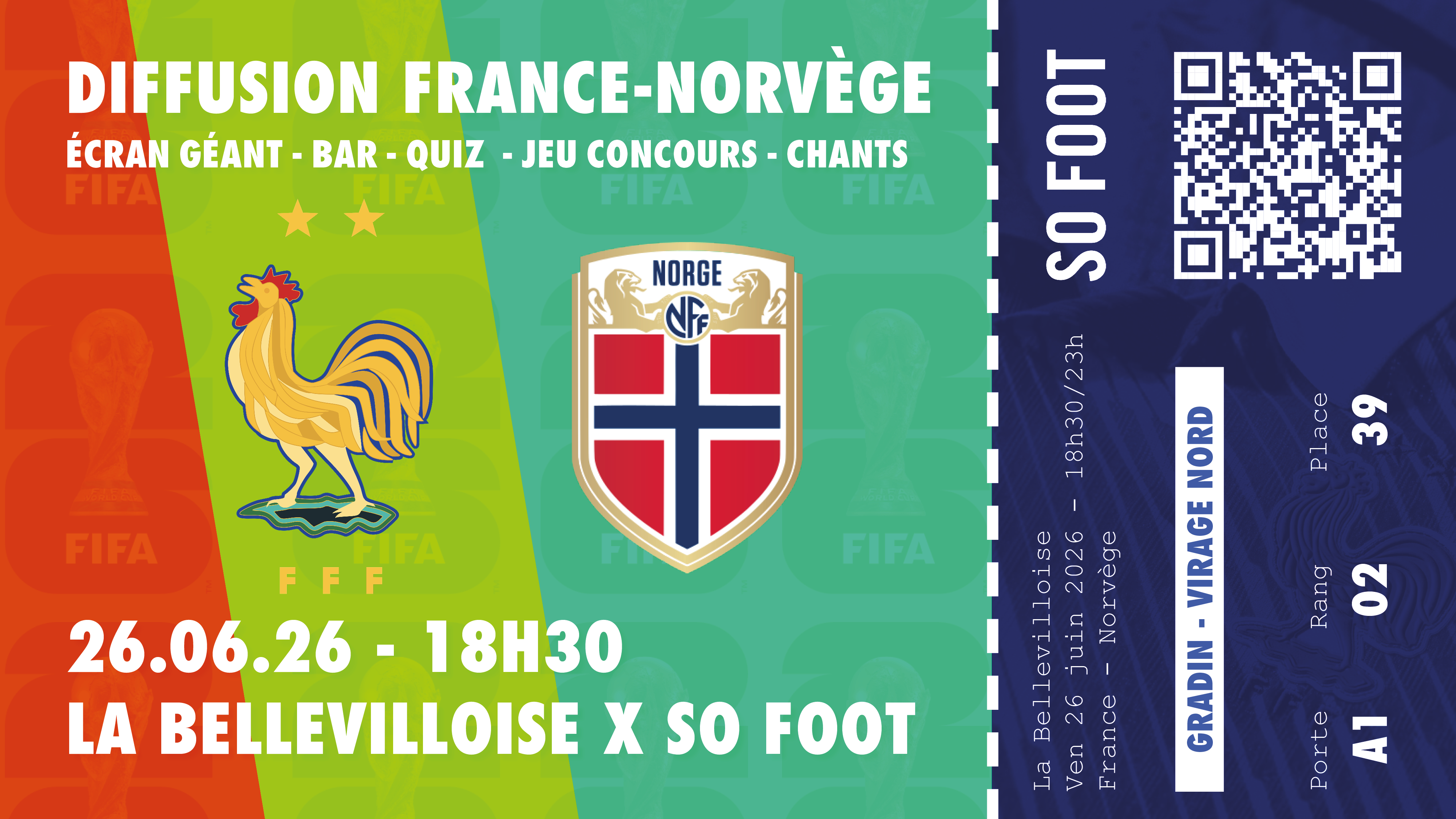 Événement : soirée de projection So Foot pour France - Norvège le vendredi 26 juin 2026 à la Bellevilloise pour la Coupe du monde à partir de 18h30