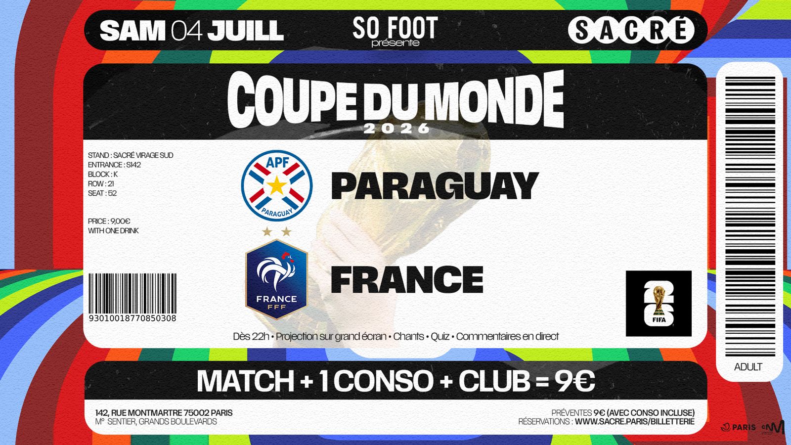 Événement : soirée de projection So Foot pour France - Paraguay le samedi 4 juillet 2026 au discobar le Sacré à partir de 22h puis soirée club et dj set